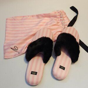 Victoria’s Secret Og Pink Pin Striped Women’s Slippers In Size Large w/Bag NEW